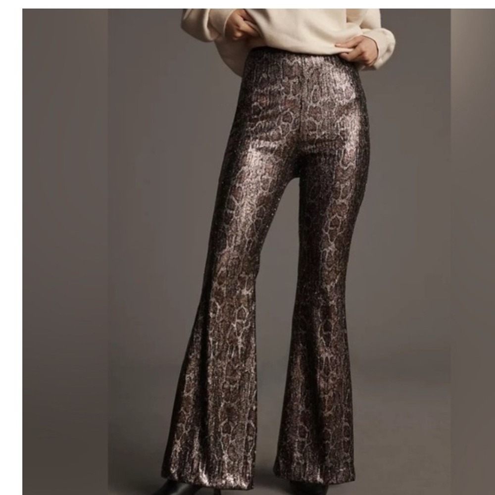 NEW Anthropologie Sequin Joni Snake Print Flare Pants Metallic Bronze Black Sz 6